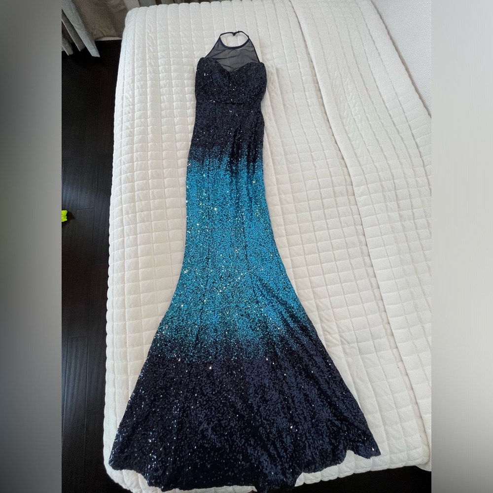 Speechless high neck mermaid dress. Navy blue & light blue sequins. Size 1